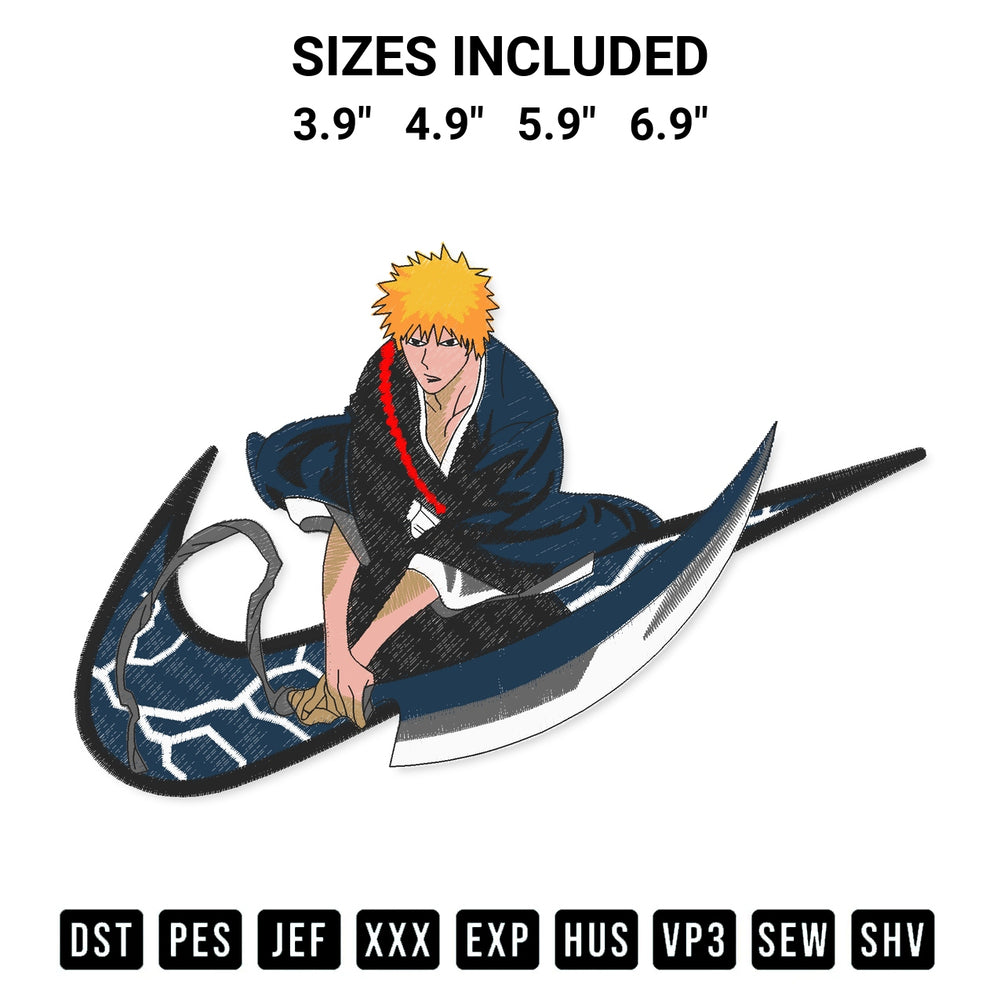 Transform your fabrics with the Nike Kurosaki Ichigo Embroidery Design embroidery design. Instant access to premium digitized patterns at Designspacks.com. Available sizes: 3.9", 4.9", 5.9", 6.9".