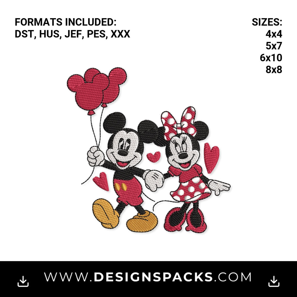 Mickey & Minnie Valentine with Balloons Embroidery Design - Instant digital download pattern at Designspacks.com
