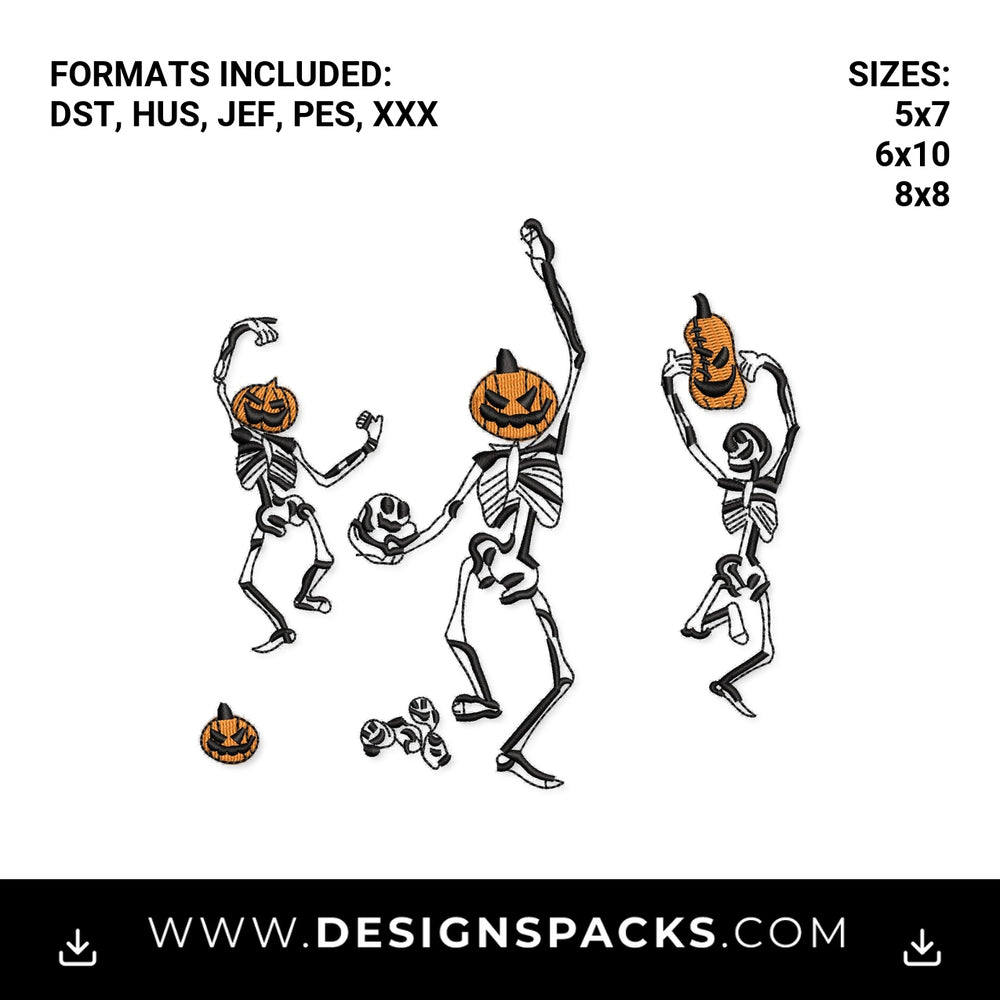 Dancing Skeletons with Pumpkin Heads Embroidery Design - Instant digital download pattern at Designspacks.com
