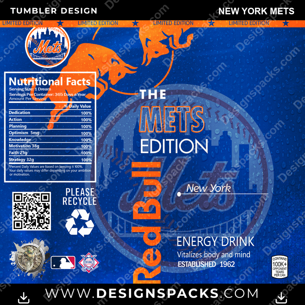 Baseball Red Bull New York Mets Tumbler Digital Wrap Design