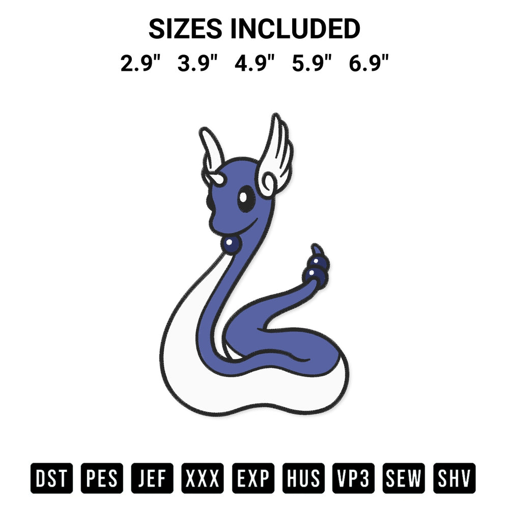 Elevate your next project with our Dragonair Pokemon Embroidery Design embroidery file. Shop high-quality digital patterns instantly at Designspacks.com. Available sizes: 2.9", 3.9", 4.9", 5.9", 6.9".