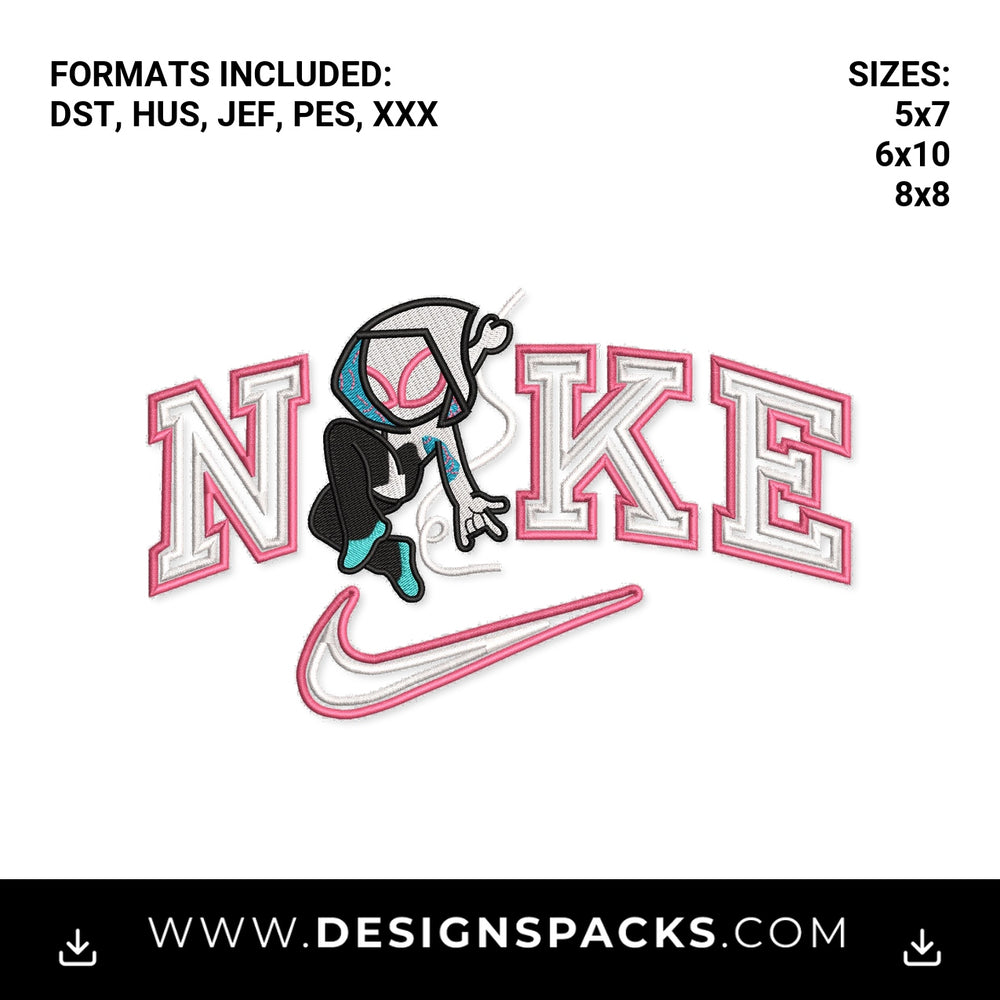 Spider-Gwen Pink Varsity Swoosh Embroidery Design - Instant digital download pattern at Designspacks.com