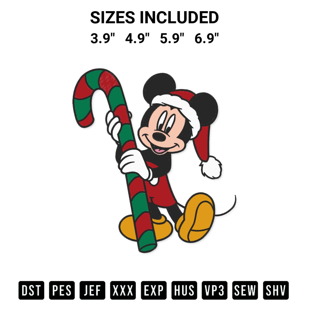 Create amazing crafts with the Mickey Santa With Candy Cane Embroidery Design embroidery file. High-quality digital download from Designspacks.com, perfect for beginners and pros. Available sizes: 3.9", 4.9", 5.9", 6.9".