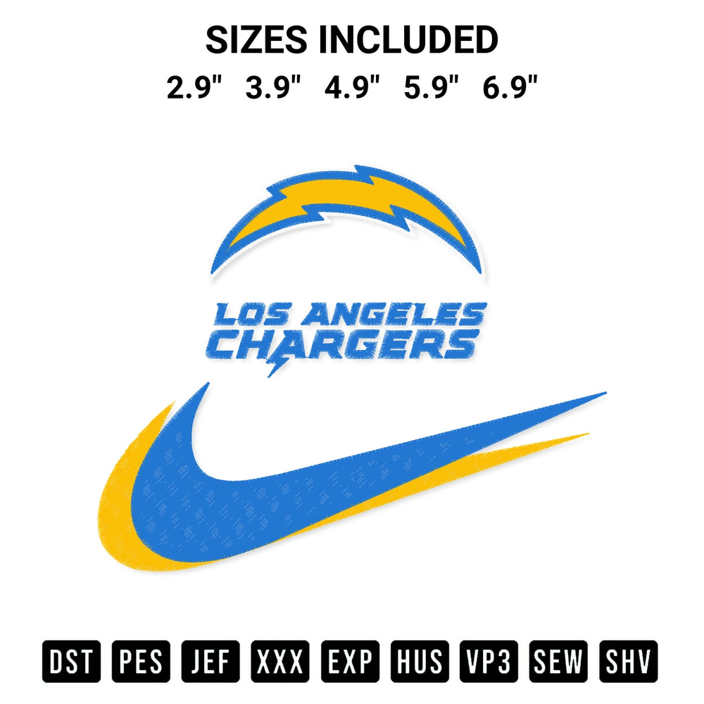 Shop the Los Angeles Chargers Swoosh Embroidery Design machine embroidery pattern at Designspacks.com. Beautifully digitized for flawless stitching on any fabric. Available sizes: 2.9", 3.9", 4.9", 5.9", 6.9".