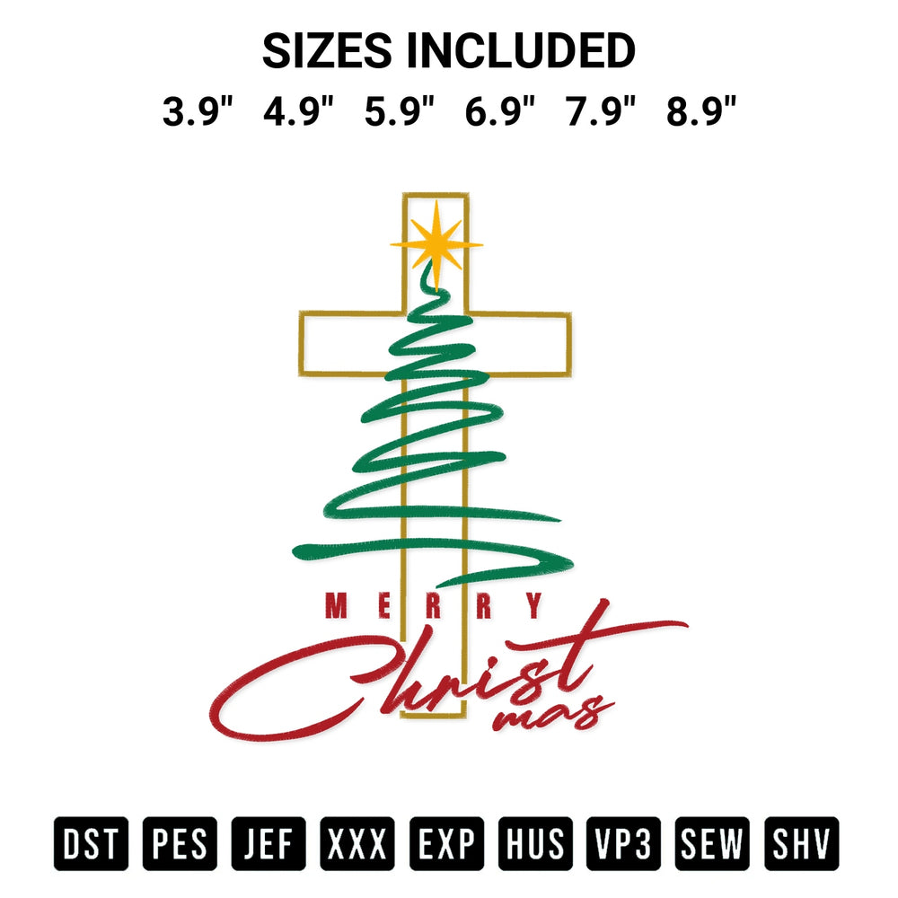 Add a unique touch to your apparel with the Merry Christmas Cross Tree Embroidery Design embroidery file. Premium instant download available now on Designspacks.com. Available sizes: 3.9", 4.9", 5.9", 6.9", 7.9", 8.9".