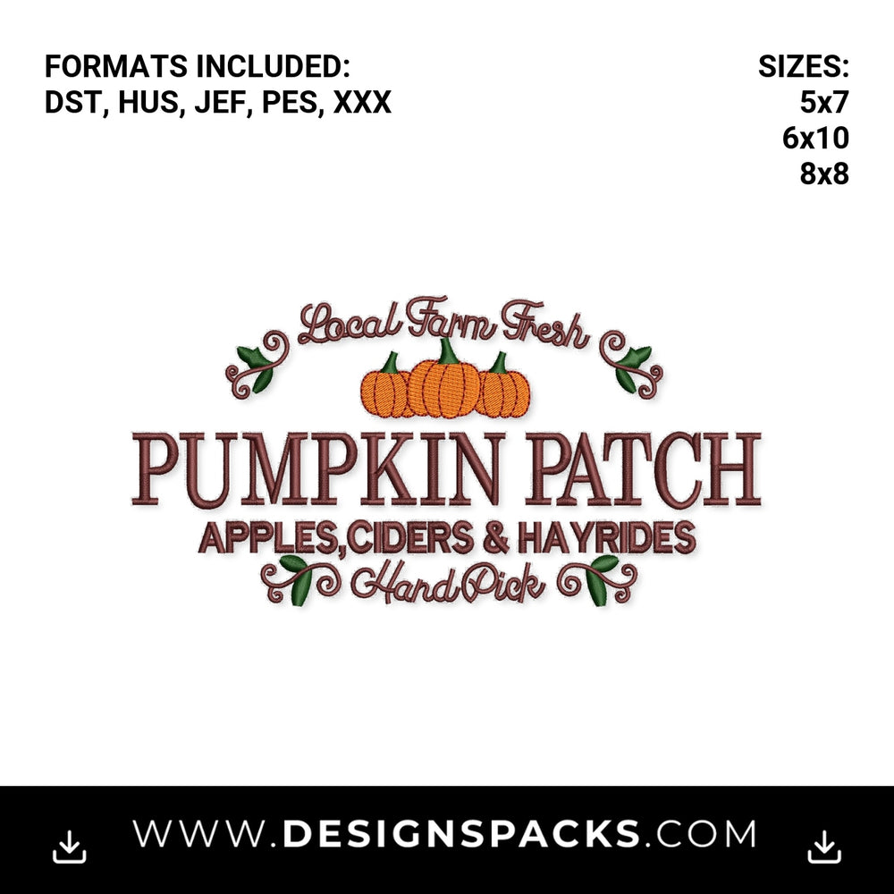 Local Farm Fresh Pumpkin Patch Embroidery Design - Instant digital download pattern at Designspacks.com