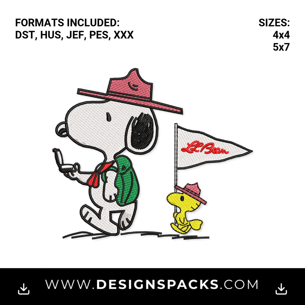 Beagle Scout Snoopy & Woodstock Hiking Embroidery Design - Instant digital download pattern at Designspacks.com