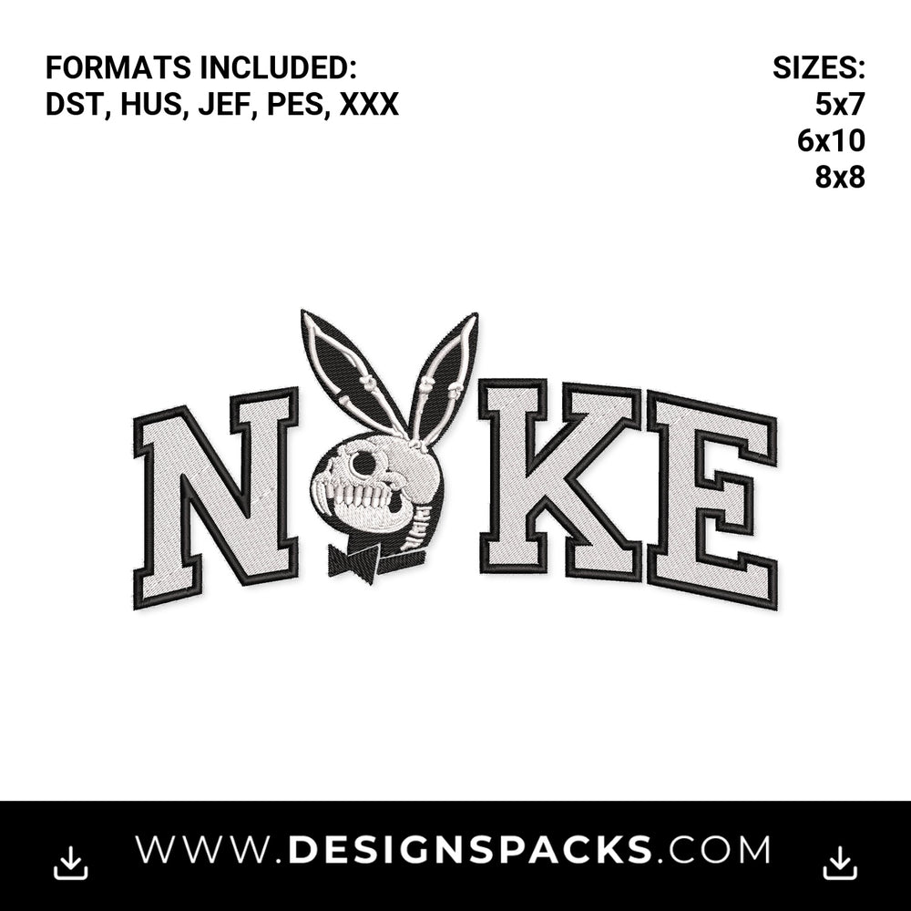 Nike Playboy Bunny Skull Varsity Embroidery Design - Instant digital download pattern at Designspacks.com