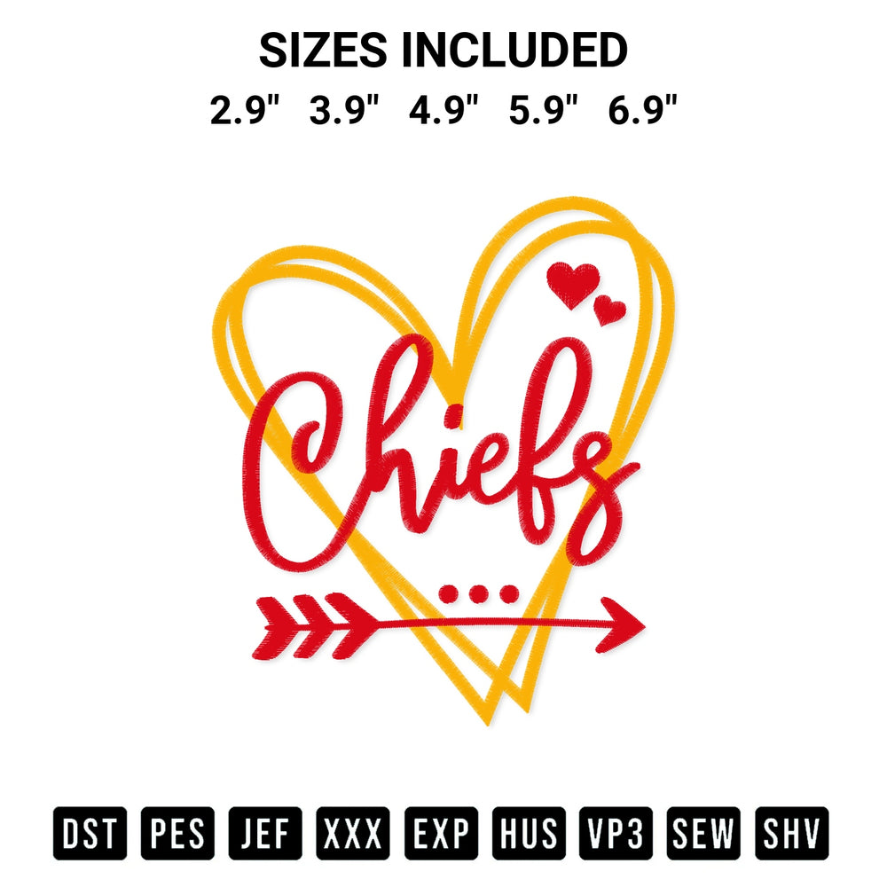 Stitch like a pro with the Kc Chiefs Heart Embroidery Design embroidery pattern from Designspacks.com. High-quality digital machine embroidery file. Available sizes: 2.9", 3.9", 4.9", 5.9", 6.9".