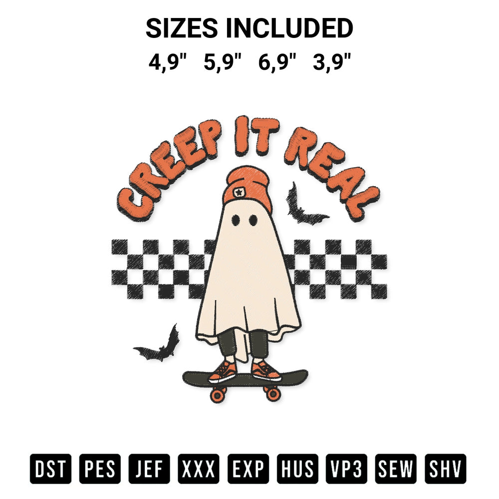 Get the Creep It Real Vintage Slide Ghost Halloween Costume Retro Logo Embroidery Design embroidery design for your custom crafts! Premium digitized files available for instant download at Designspacks.com. Available sizes: 4,9", 5,9", 6,9", 3,9".