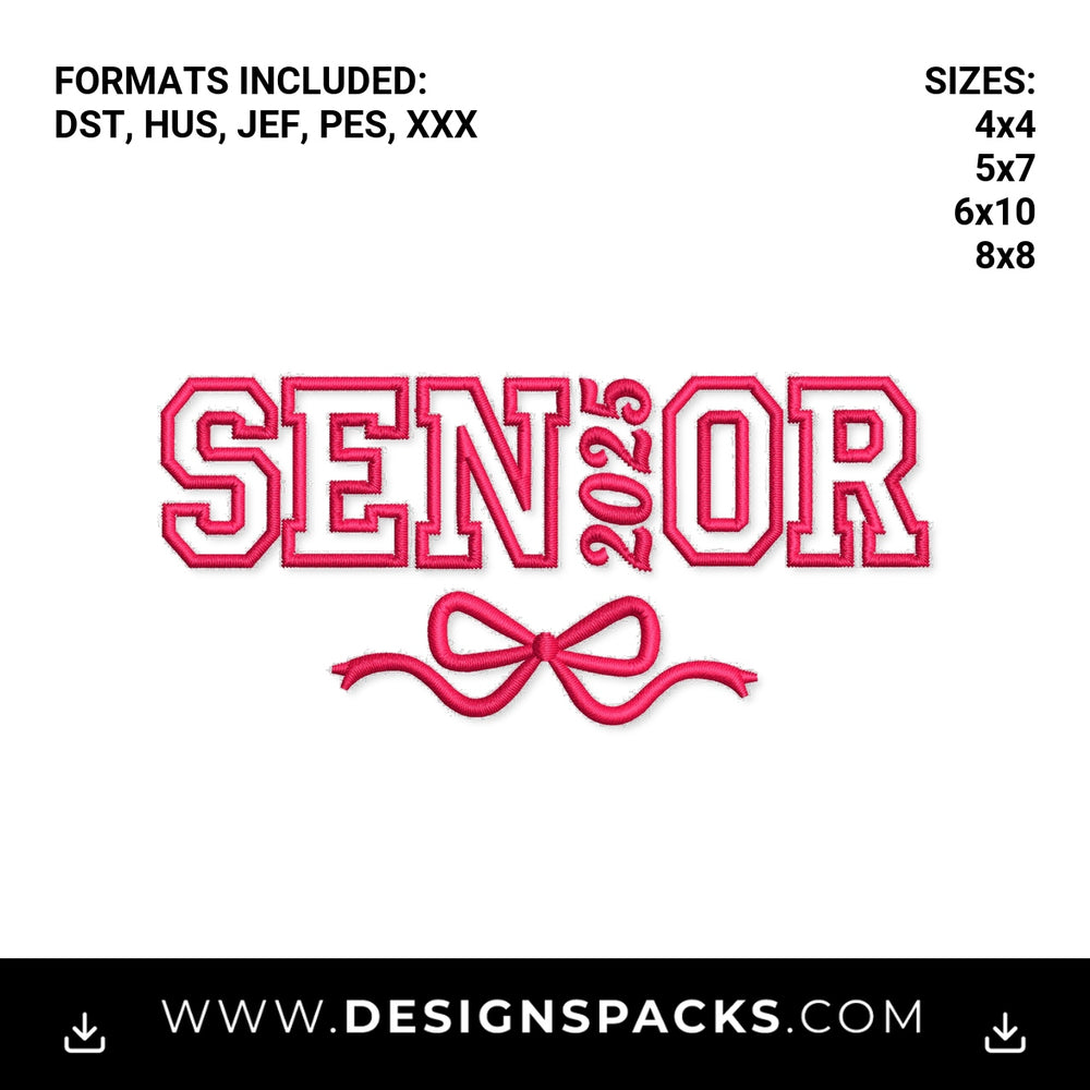 Senior 2025 Pink Coquette Bow Embroidery Design - Instant digital download pattern at Designspacks.com