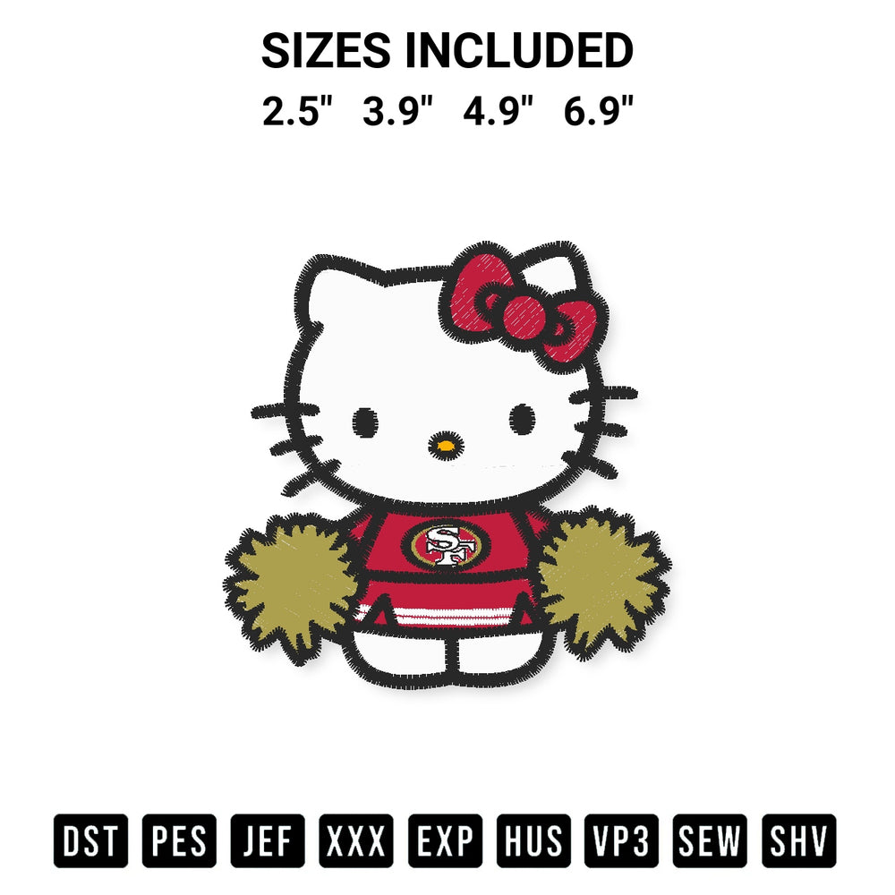 Transform your fabrics with the Hello Kitty Cheerleader San Francisco 49Ers Embroidery Design embroidery design. Instant access to premium digitized patterns at Designspacks.com. Available sizes: 2.5", 3.9", 4.9", 6.9".