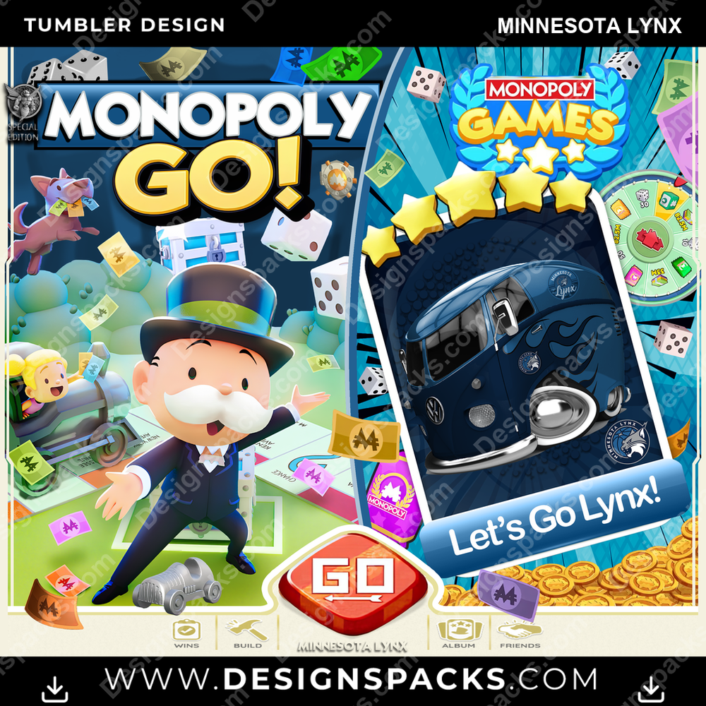 Basketball Monopoly Go! Minnesota Lynx Tumbler Digital Wrap Design
