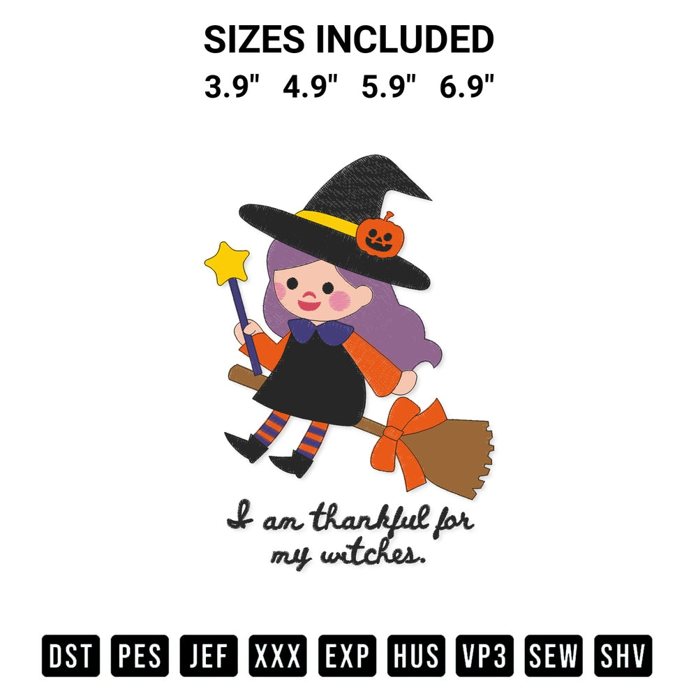 Add a unique touch to your apparel with the I Am Thankful For My Witches Embroidery Design embroidery file. Premium instant download available now on Designspacks.com. Available sizes: 3.9", 4.9", 5.9", 6.9".