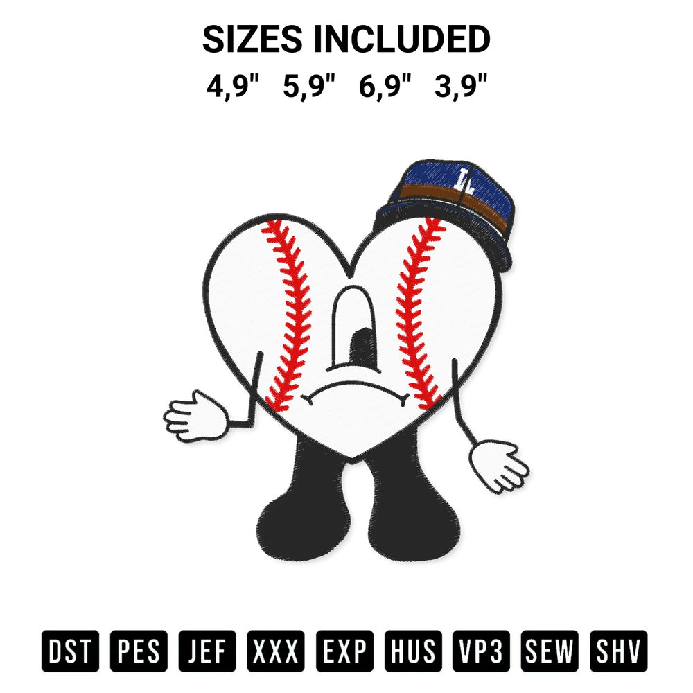 Add a unique touch to your apparel with the Bad Bunny Dodgers Sad Heart Bad Bunny Los Angeles Dodgers Baseball Logo Embroidery Design embroidery file. Premium instant download available now on Designspacks.com. Available sizes: 4,9", 5,9", 6,9", 3,9".
