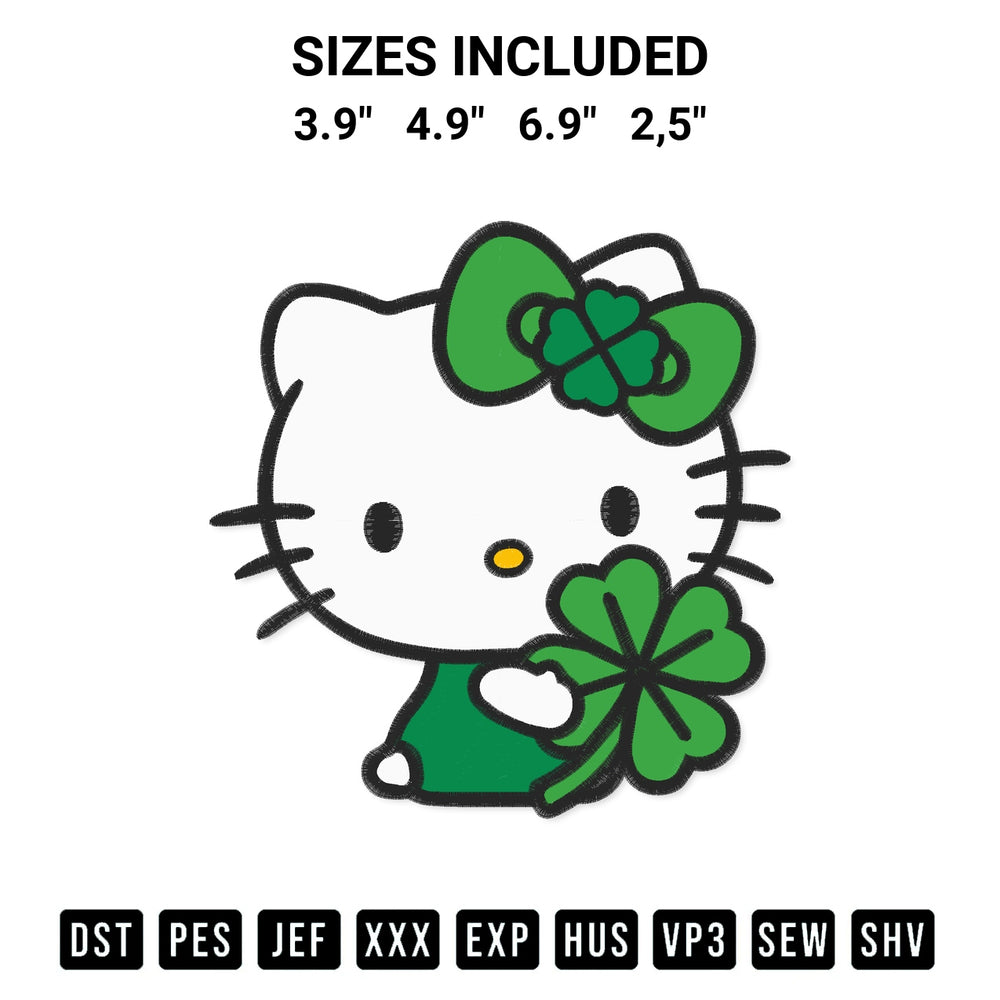Transform your fabrics with the Hello Kitty Shamrock Embroidery Design embroidery design. Instant access to premium digitized patterns at Designspacks.com. Available sizes: 3.9", 4.9", 6.9", 2,5".