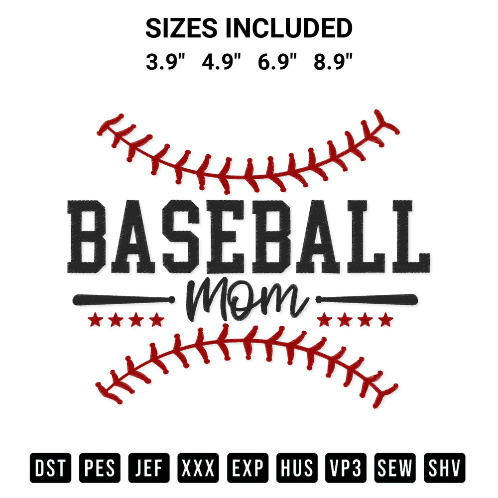 Shop the Sport Baseball Mom Embroidery Design machine embroidery pattern at Designspacks.com. Beautifully digitized for flawless stitching on any fabric. Available sizes: 3.9", 4.9", 6.9", 8.9".