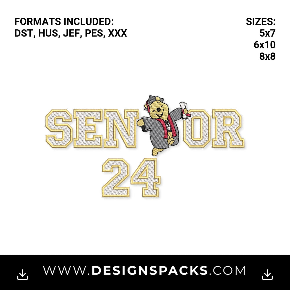 Pooh Bear Senior 2024 Graduation Embroidery Design - Instant digital download pattern at Designspacks.com