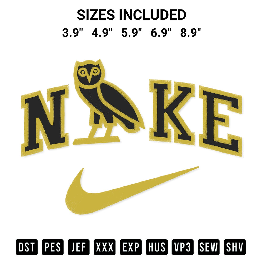 Add a unique touch to your apparel with the Nike Owl Ovo Embroidery Design embroidery file. Premium instant download available now on Designspacks.com. Available sizes: 3.9", 4.9", 5.9", 6.9", 8.9".