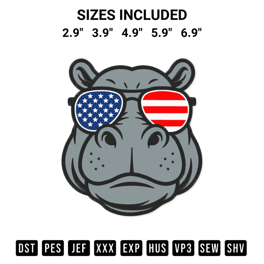 Elevate your next project with our Hippo Face With American Flag Sunglasses Embroidery Design embroidery file. Shop high-quality digital patterns instantly at Designspacks.com. Available sizes: 2.9", 3.9", 4.9", 5.9", 6.9".
