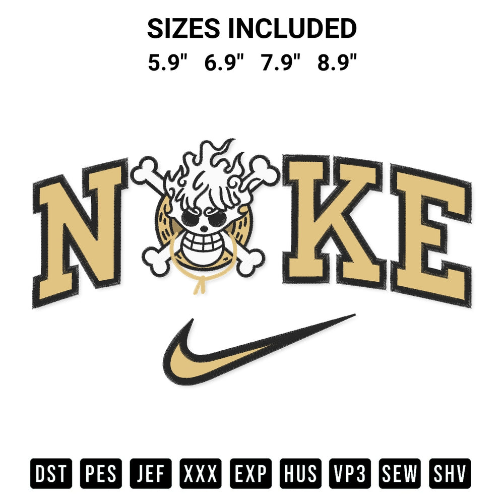 Download the Luffy Gear 5 Logo X Nike Embroidery Design machine embroidery design exclusively at Designspacks.com. Premium digitized pattern for apparel and DIY crafts. Available sizes: 5.9", 6.9", 7.9", 8.9".