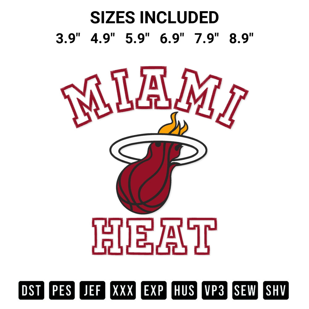 Stitch like a pro with the Miami Heat Team Embroidery Design embroidery pattern from Designspacks.com. High-quality digital machine embroidery file. Available sizes: 3.9", 4.9", 5.9", 6.9", 7.9", 8.9".
