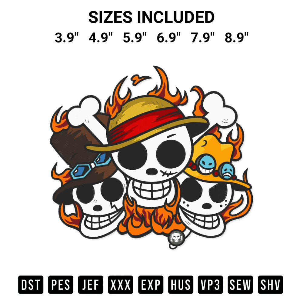 Transform your fabrics with the Luffy Ace Sabo Embroidery Design embroidery design. Instant access to premium digitized patterns at Designspacks.com. Available sizes: 3.9", 4.9", 5.9", 6.9", 7.9", 8.9".