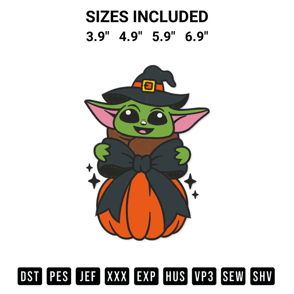 Discover the perfect addition to your crafting collection: Baby Yoda Witch Coquette Pumpkin Embroidery Design embroidery file. Instantly available at Designspacks.com. Available sizes: 3.9", 4.9", 5.9", 6.9".