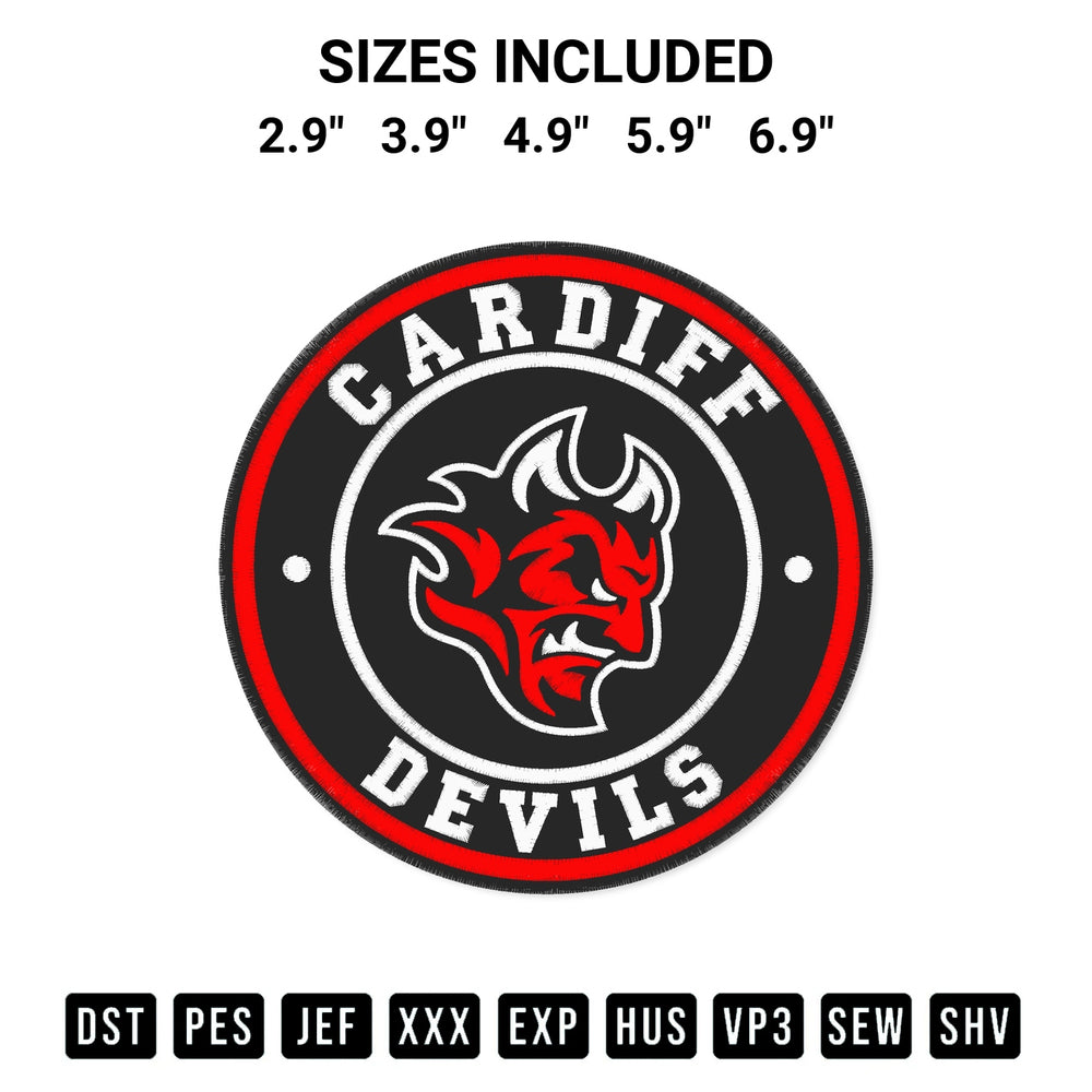 Shop the Cardiff Devils Logo Circle Embroidery Design machine embroidery pattern at Designspacks.com. Beautifully digitized for flawless stitching on any fabric. Available sizes: 2.9", 3.9", 4.9", 5.9", 6.9".