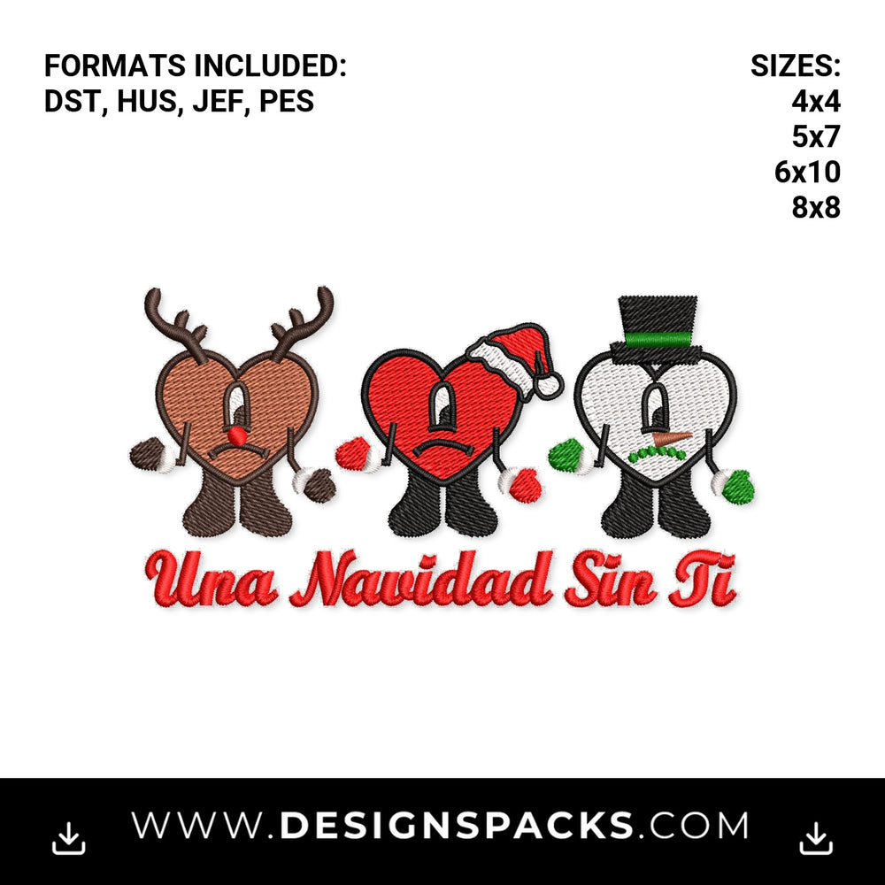Una Navidad Sin Ti Bad Bunny Hearts Embroidery Design - Instant digital download pattern at Designspacks.com