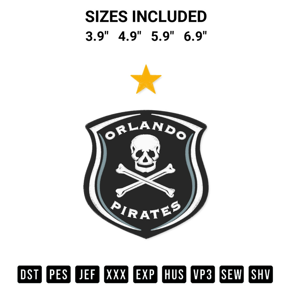 Transform your fabrics with the Orlando Pirates Logo Embroidery Design embroidery design. Instant access to premium digitized patterns at Designspacks.com. Available sizes: 3.9", 4.9", 5.9", 6.9".