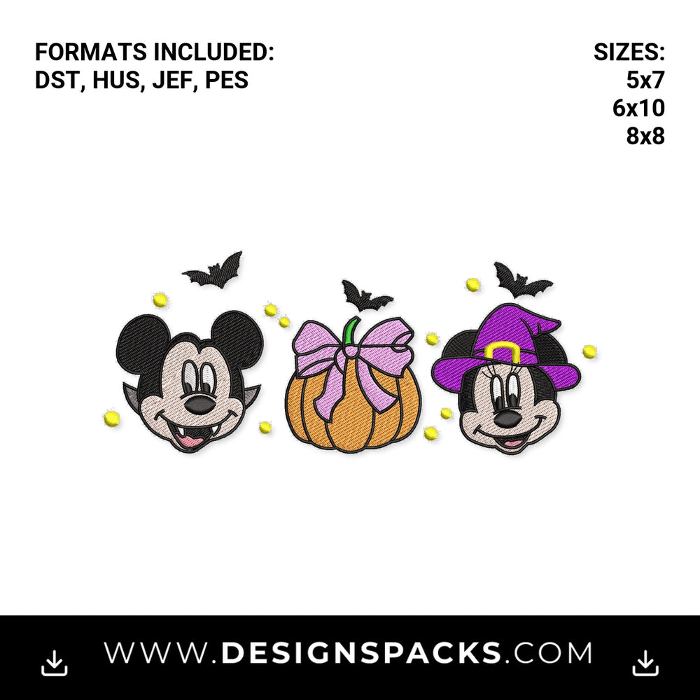 Halloween Mickey Vampire Minnie Pumpkin Embroidery Design - Instant digital download pattern at Designspacks.com