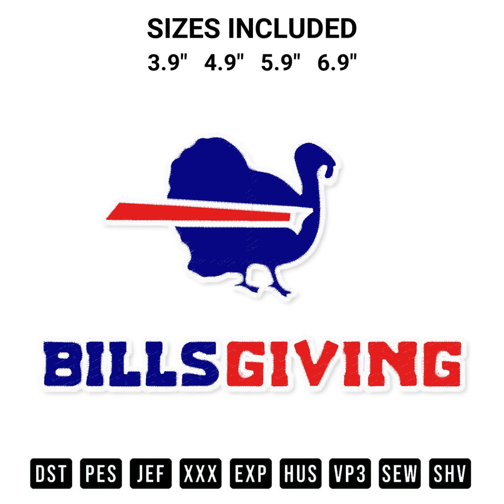 Transform your fabrics with the Billsgiving Thanksgiving Embroidery Design embroidery design. Instant access to premium digitized patterns at Designspacks.com. Available sizes: 3.9", 4.9", 5.9", 6.9".