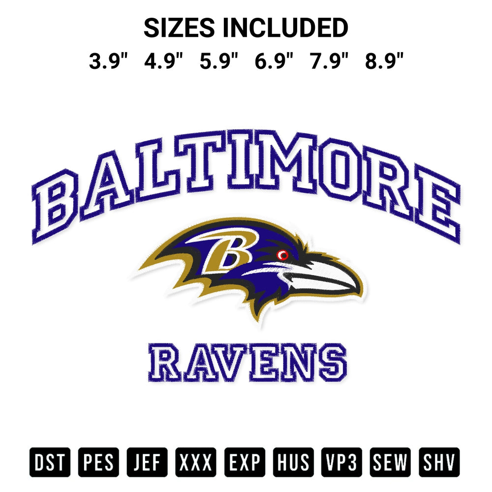 Add a unique touch to your apparel with the Baltimore Ravens Embroidery Design embroidery file. Premium instant download available now on Designspacks.com. Available sizes: 3.9", 4.9", 5.9", 6.9", 7.9", 8.9".