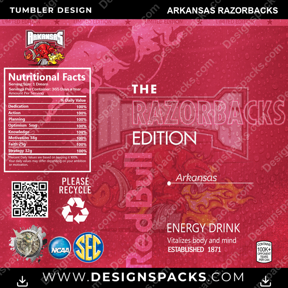 College Sport Red Bull Arkansas Razorbacks NCAA College Sport Tumbler Digital Wrap Design Download