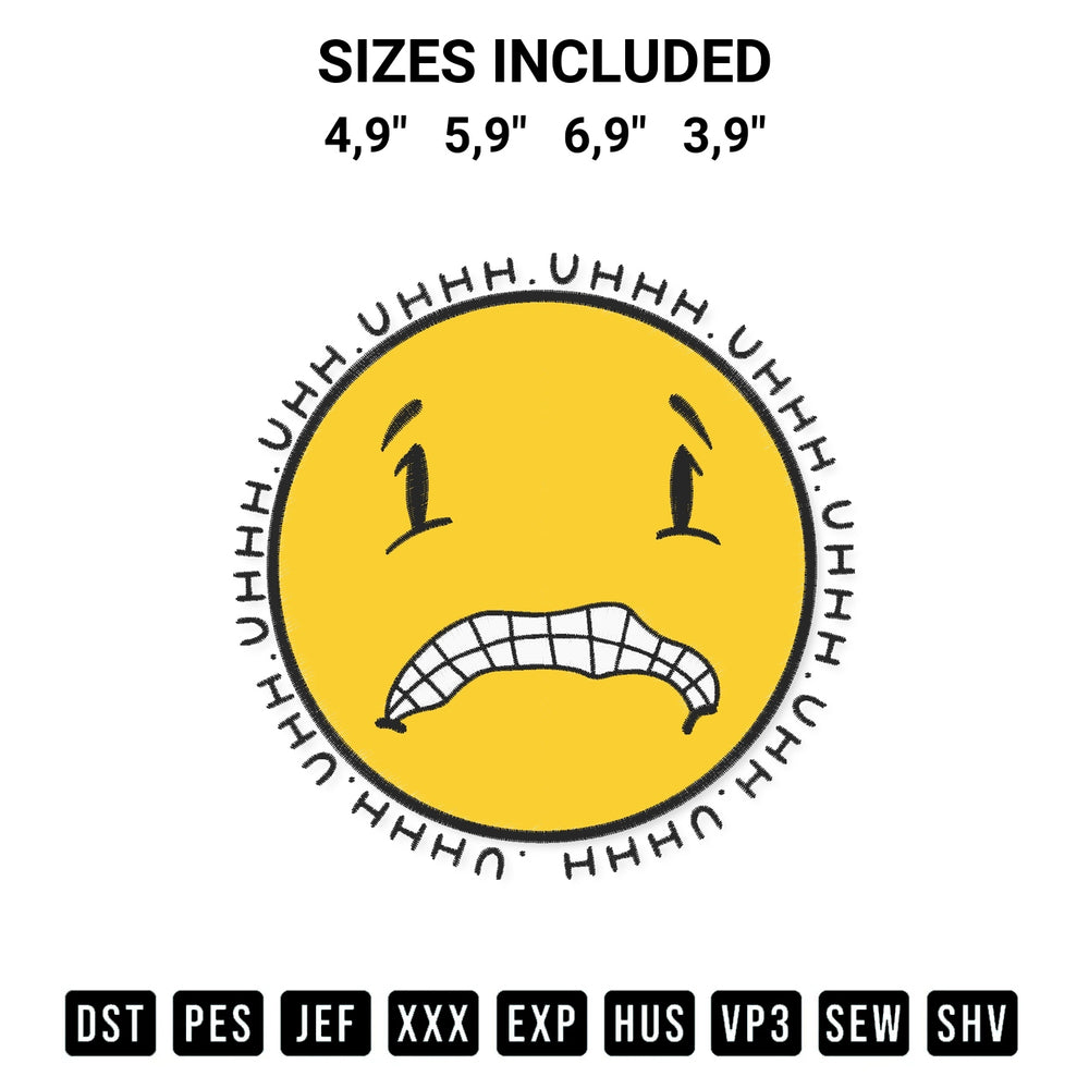 Shop the Grimacing Face Uhhhhhhh Grimacing Face Emoji Cute Gift Logo Embroidery Design machine embroidery pattern at Designspacks.com. Beautifully digitized for flawless stitching on any fabric. Available sizes: 4,9", 5,9", 6,9", 3,9".