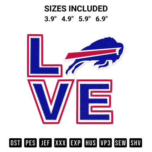 Shop the Love Buffalo Bills Embroidery Design machine embroidery pattern at Designspacks.com. Beautifully digitized for flawless stitching on any fabric. Available sizes: 3.9