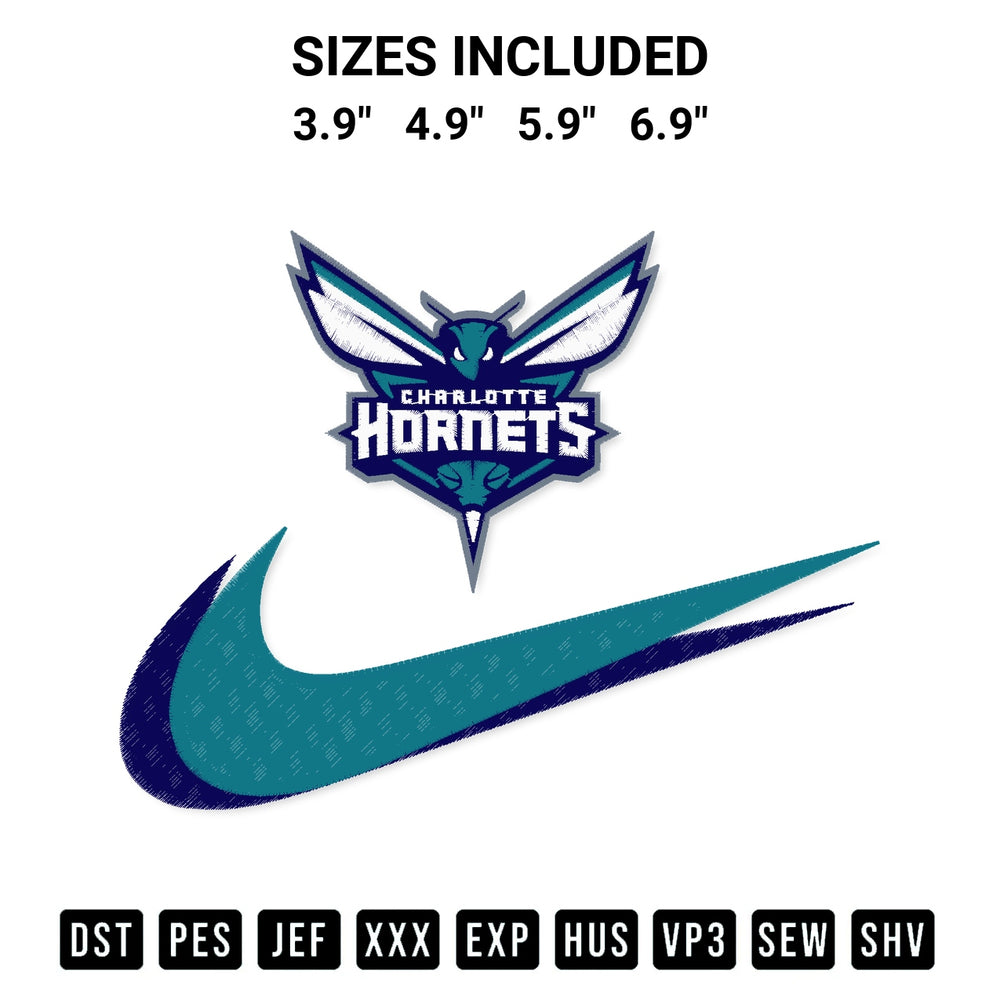 Create amazing crafts with the Charlotte Hornets Swoosh Embroidery Design embroidery file. High-quality digital download from Designspacks.com, perfect for beginners and pros. Available sizes: 3.9", 4.9", 5.9", 6.9".