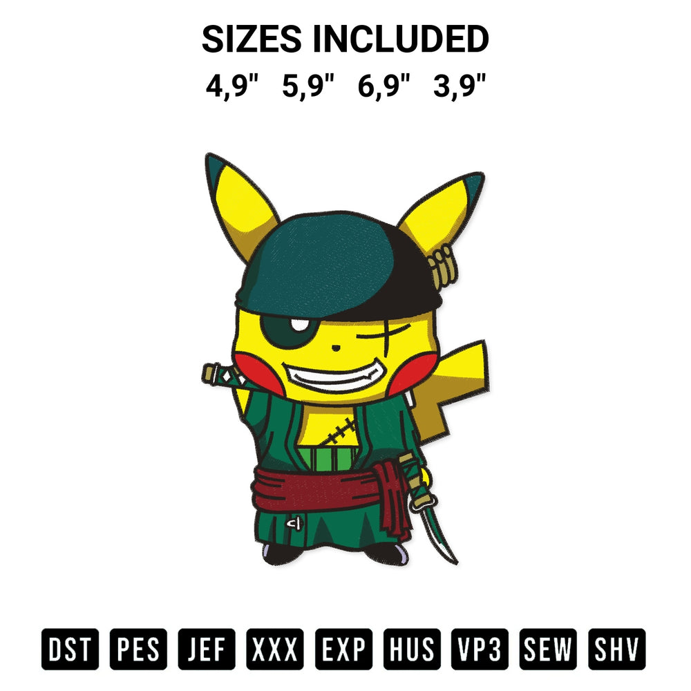 Download the Pikachu Pokemon Cosplay Roronoa Zoro Monkey D. Luffy One Piece Logo Embroidery Design machine embroidery design exclusively at Designspacks.com. Premium digitized pattern for apparel and DIY crafts. Available sizes: 4,9", 5,9", 6,9", 3,9".