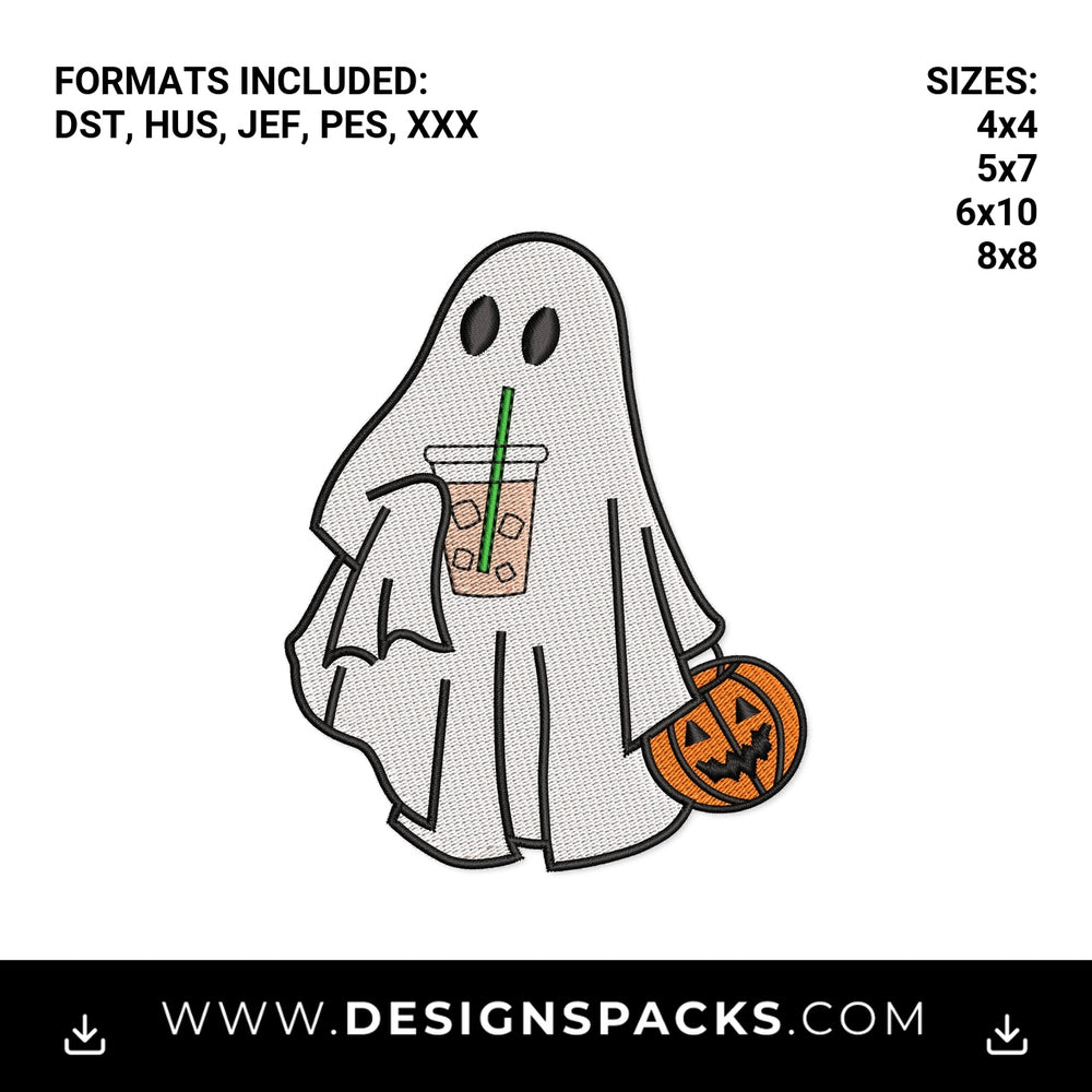 Halloween Ghost with Iced Coffee & Pumpkin Embroidery Design - Instant digital download pattern at Designspacks.com