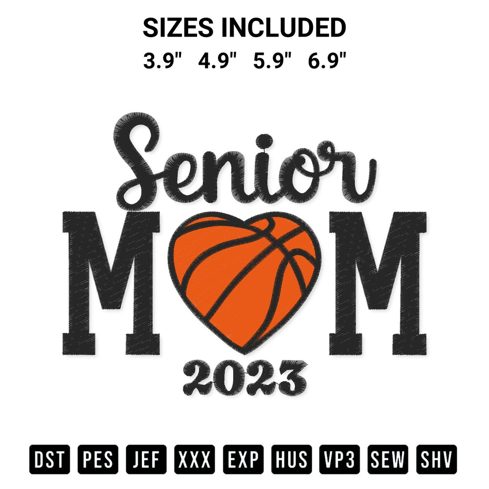 Stitch like a pro with the Senior Mom Basketball Embroidery Design embroidery pattern from Designspacks.com. High-quality digital machine embroidery file. Available sizes: 3.9", 4.9", 5.9", 6.9".