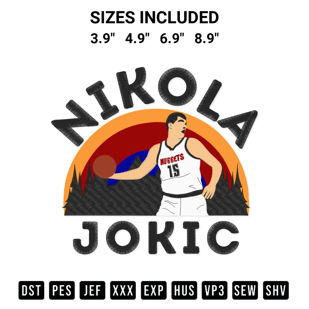 Stitch like a pro with the Nikola Jokic Denver Nuggets Embroidery Design embroidery pattern from Designspacks.com. High-quality digital machine embroidery file. Available sizes: 3.9", 4.9", 6.9", 8.9".