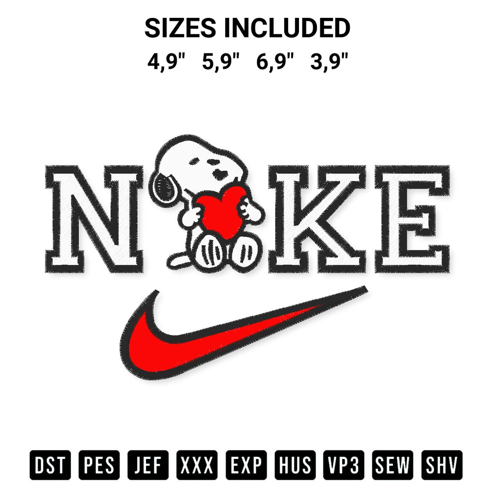Create amazing crafts with the Snoopy Nike Logo Nike Embroidery Design embroidery file. High-quality digital download from Designspacks.com, perfect for beginners and pros. Available sizes: 4,9", 5,9", 6,9", 3,9".