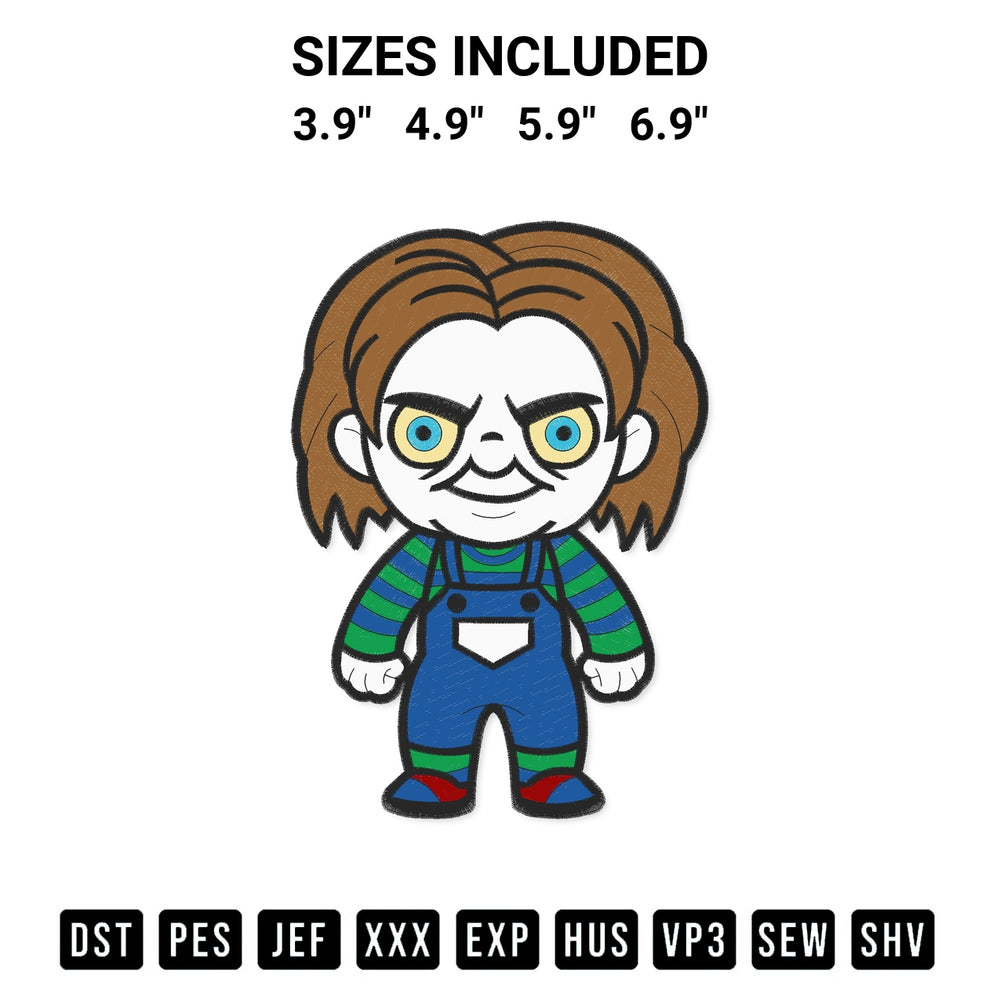 Get the Chucky Horror Halloween Embroidery Design embroidery design for your custom crafts! Premium digitized files available for instant download at Designspacks.com. Available sizes: 3.9", 4.9", 5.9", 6.9".