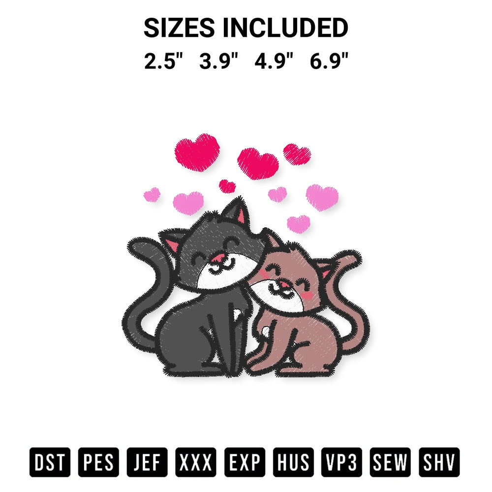 Transform your fabrics with the Cute Cat Couple With Hearts Embroidery Design embroidery design. Instant access to premium digitized patterns at Designspacks.com. Available sizes: 2.5", 3.9", 4.9", 6.9".