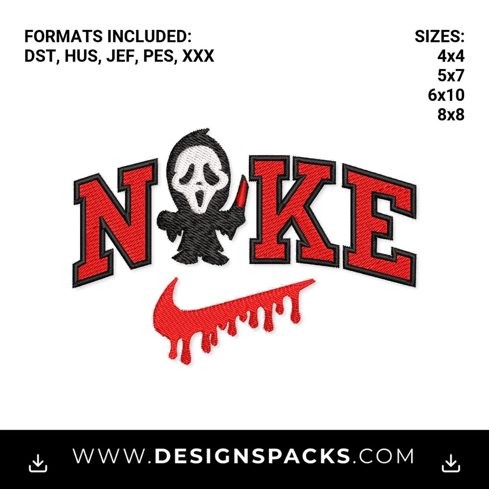 Ghostface Scream Nike Dripping Swoosh Embroidery Design - Instant digital download pattern at Designspacks.com