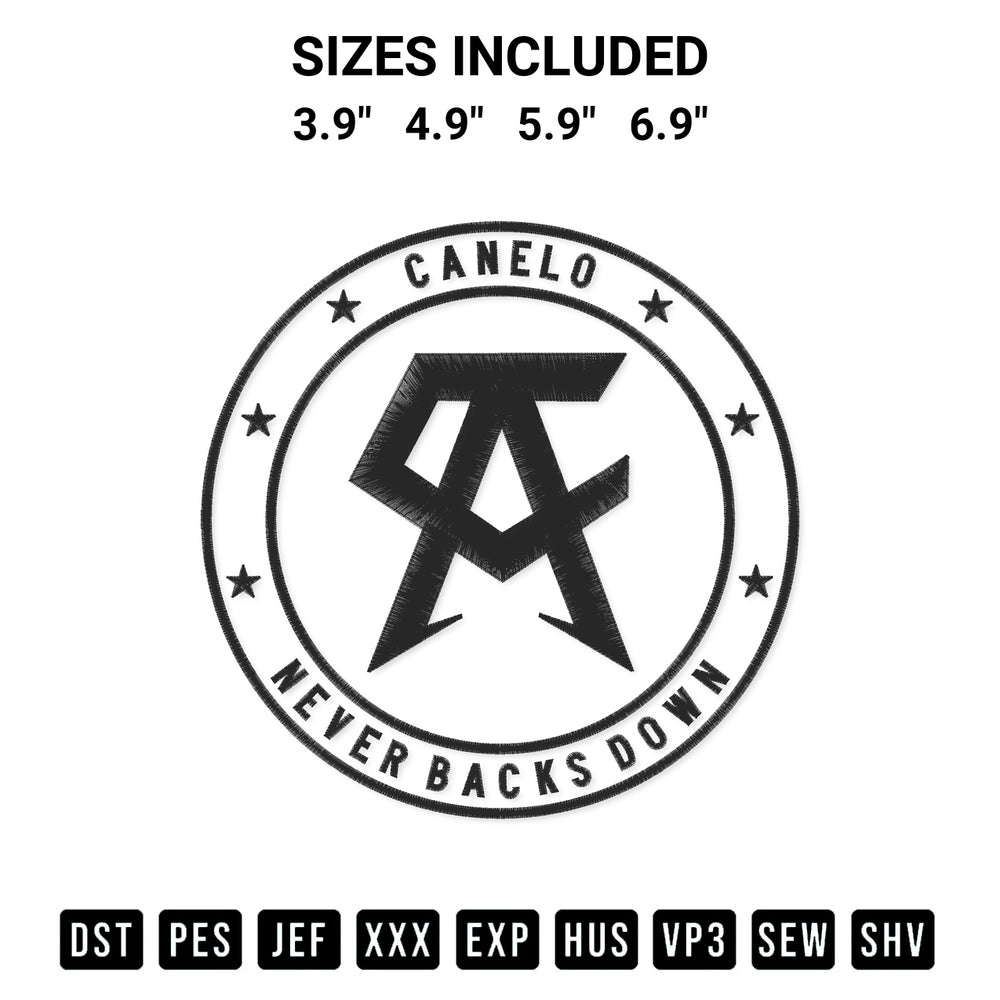 Discover the perfect addition to your crafting collection: Canelo Never Backs Down Embroidery Design embroidery file. Instantly available at Designspacks.com. Available sizes: 3.9", 4.9", 5.9", 6.9".