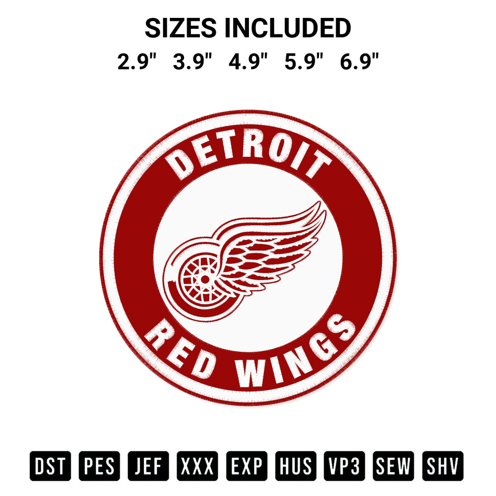 Add a unique touch to your apparel with the Detroit Red Wings Circle Embroidery Design embroidery file. Premium instant download available now on Designspacks.com. Available sizes: 2.9", 3.9", 4.9", 5.9", 6.9".