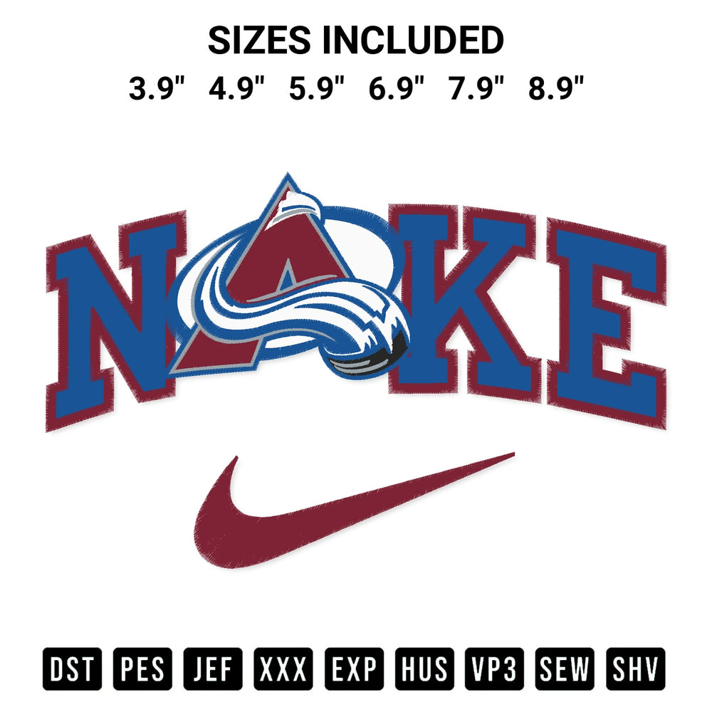 Add a unique touch to your apparel with the Colorado Avalanche X Nike Embroidery Design embroidery file. Premium instant download available now on Designspacks.com. Available sizes: 3.9", 4.9", 5.9", 6.9", 7.9", 8.9".