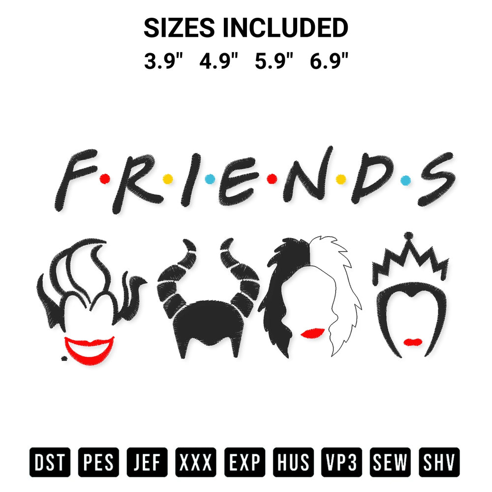 Elevate your next project with our Villains Friends Embroidery Design embroidery file. Shop high-quality digital patterns instantly at Designspacks.com. Available sizes: 3.9", 4.9", 5.9", 6.9".